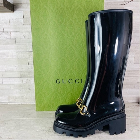 Gucci NWB Size 38 Black Gloss Rubber Insulated Horsebit Knee-High Rain Boot NWT - Picture 6 of 14